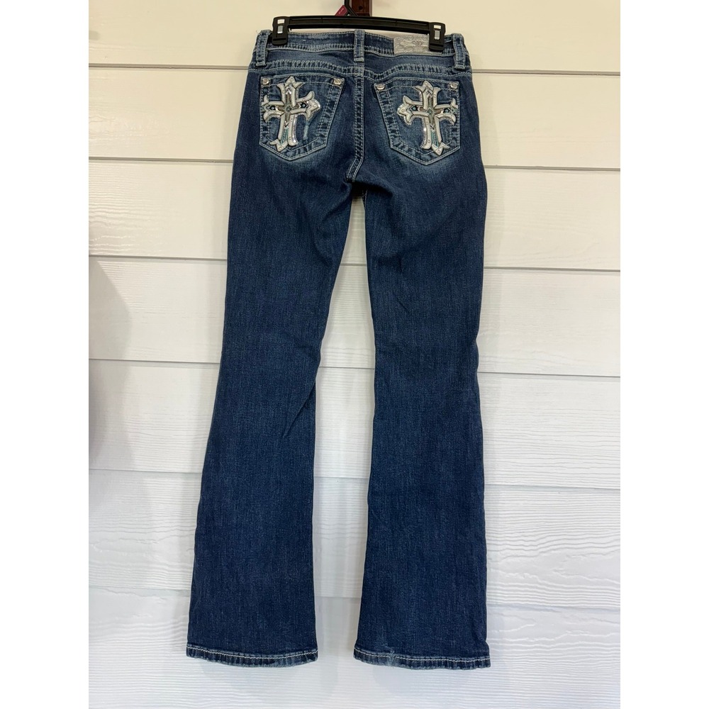 #D- 051- Miss Me Low Rise Tailored Bootcut Jeans Dark Wash Cross Embellished - Picture 3 of 8